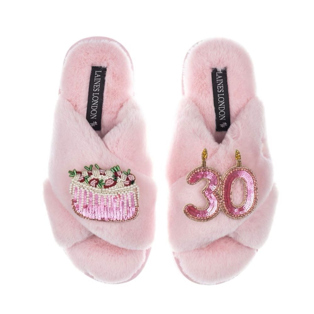 Laines London Classic  Slippers With 30Th Birthday & Cake Brooches - Pink Size L